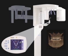 An image depicting a dental clinic setup with a chair, overhead equipment, and a model of a human head for dental education or demonstration.