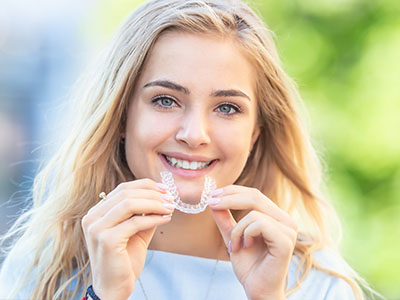 A young woman with blonde hair is smiling and holding up a toothbrush.